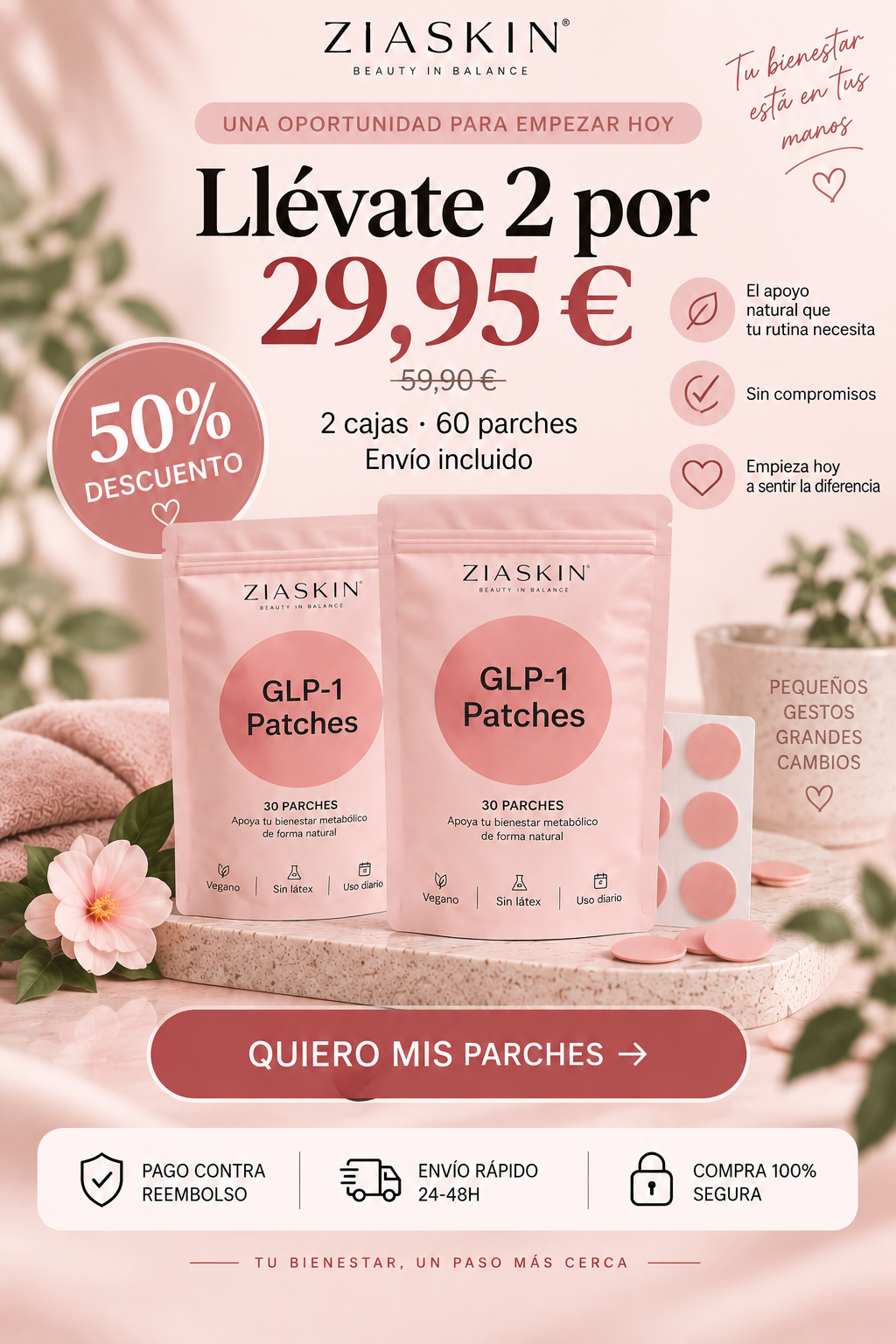 Ziaskin GLP-1 Patches. Controla tus antojos. Cuida tu metabolismo.