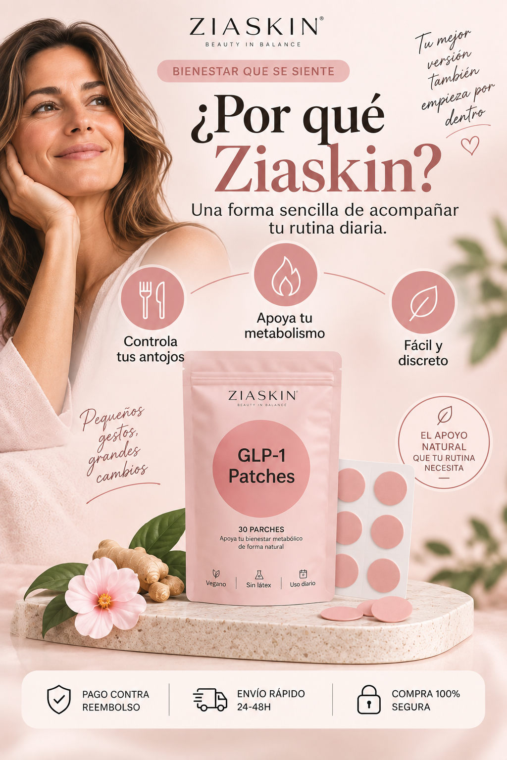Ziaskin GLP-1 Patches. Controla tus antojos. Cuida tu metabolismo.